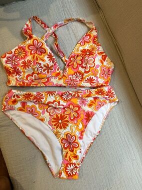 SHEIN Floral Bikini Set - Pink, Orange, White